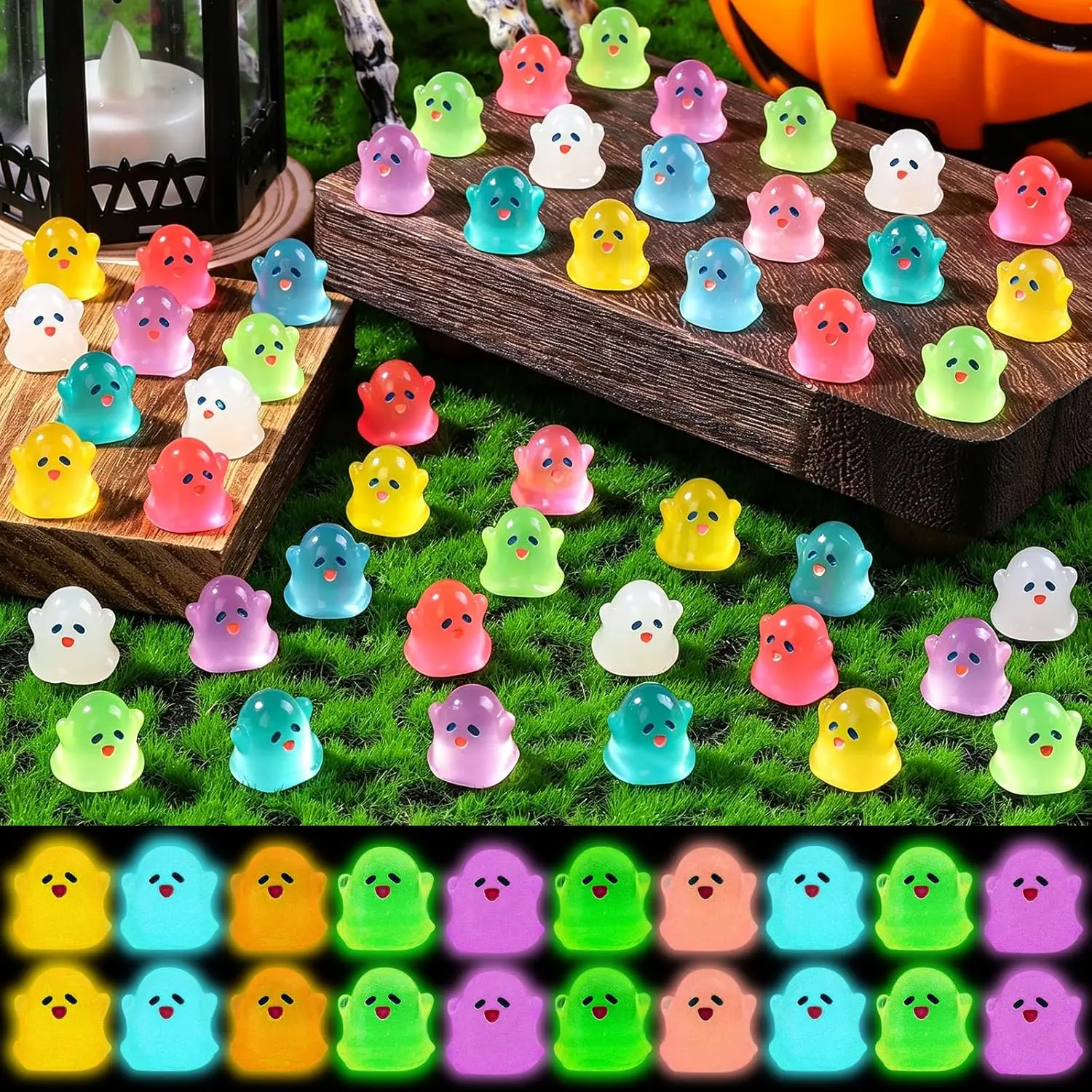 40 Stück leuchtende Mini-Geisterfiguren für Halloween, mehrfarbige leuchtende Geister, die im Dunkeln leuchten, Miniatur-Geisterstatue aus Kunstharz für Partys – Detail 1