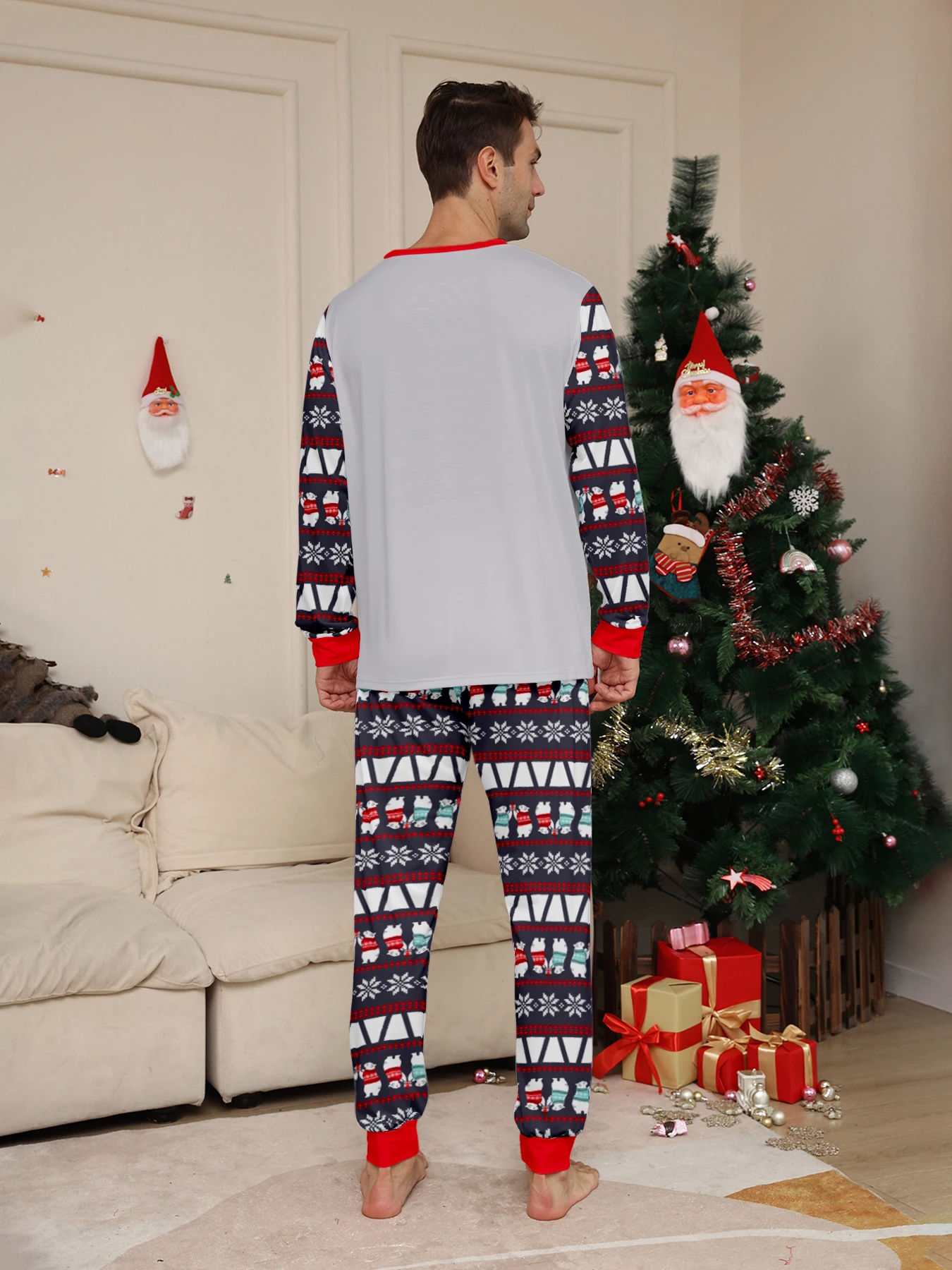 Pigiama natalizio a maniche lunghe per coppie, pigiama con stampa di orsi polari e Fair Isle