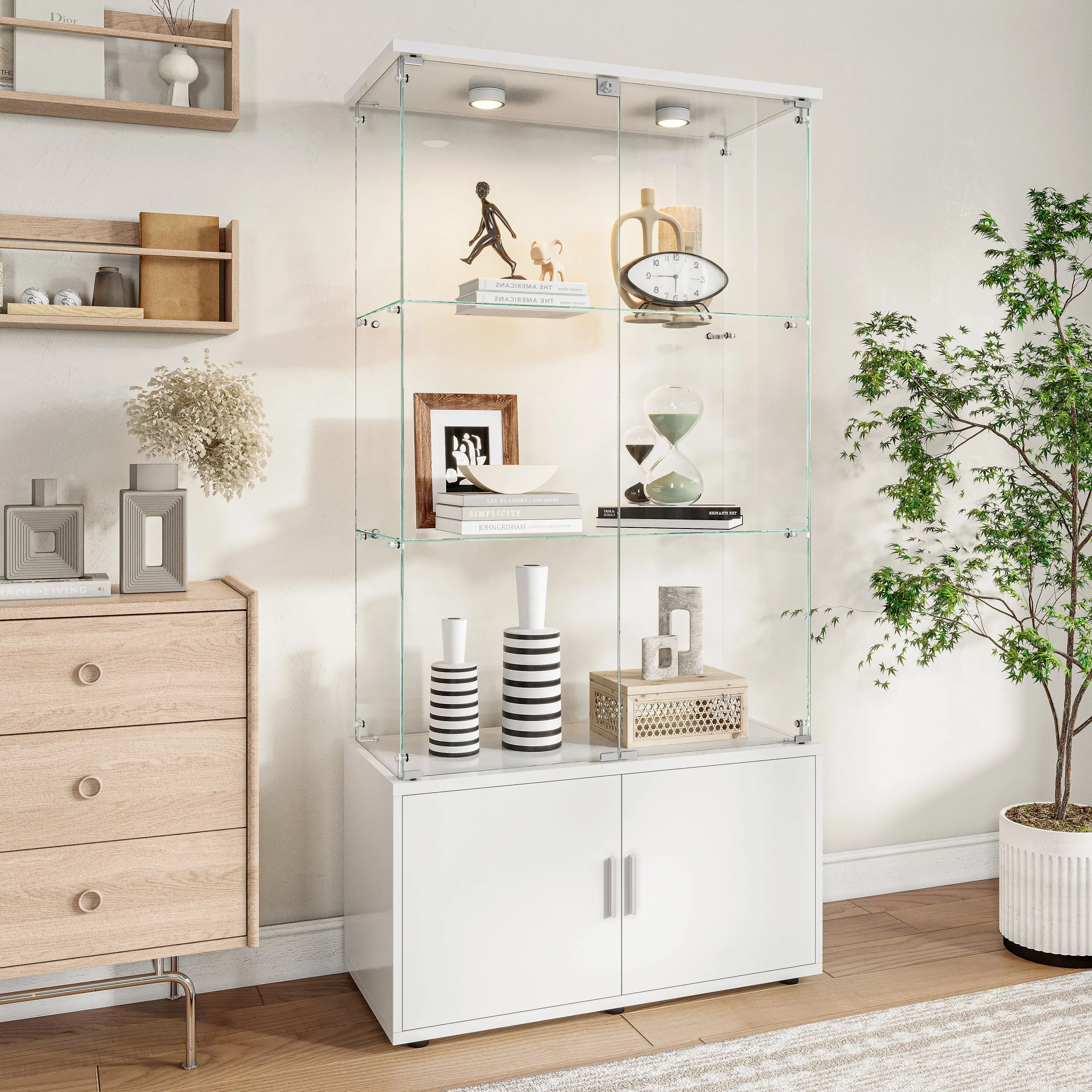Vitrina de Vidrio FANGANGE con Iluminación LED, 4 Niveles y 2 Puertas con Cerradura, Gabinete de Madera Moderno para Exhibición de Coleccionables