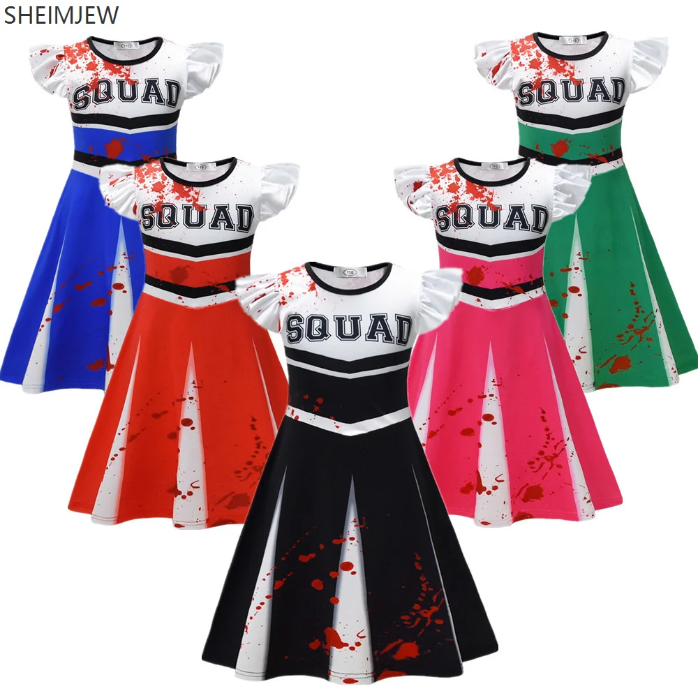 

Children's Vest Cheerlead Uniform Letter Print Dress Girl Halloween Zombie Dress Fancy Sports Suit Blood Stain Role Play Costume