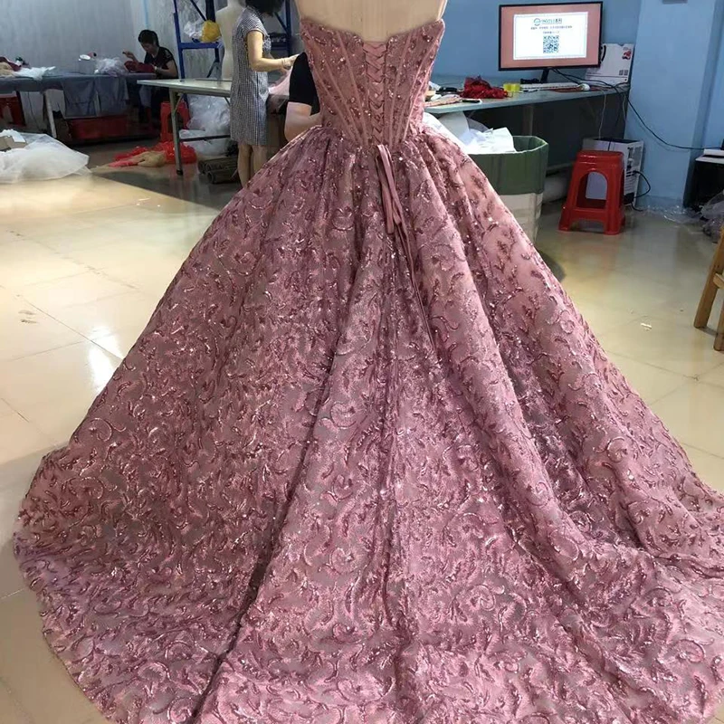 Elegant Pink Ball Gown Pearls Off Shoulder Lace Up Beading Pleat Strapless Evening Dress DY7757 vestidos de noite