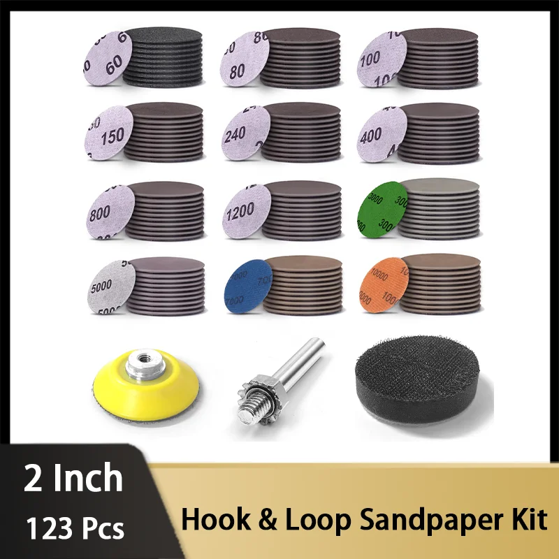 2 Inch Purple Sanding Paper Kit 123 Pcs Wet Dry Hook Loop 60-10000# with Backing Pad and Foam Buffing Pad for Wood Metal Car