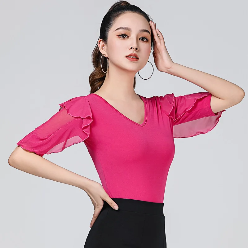 Elegante V-Ausschnitt Rüschen Plissee Tanz oberteile für Frauen einfarbige Slim Fit 3D-Kurve Langarm Latin Ballsaal moderne Tanz kleidung