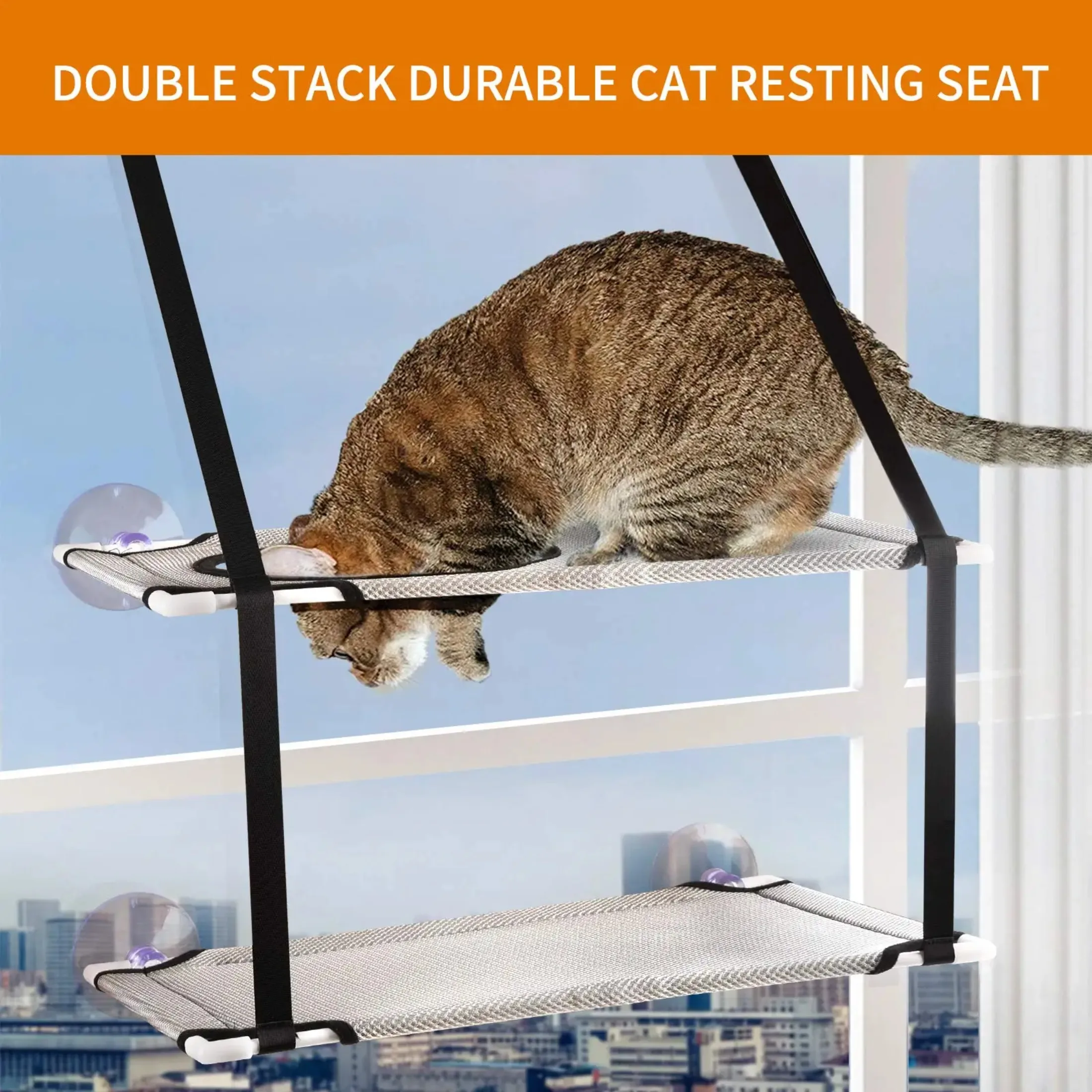 Cat Window Perch, Double Stack Cat Hammock Window Seat,Space Saving Cat Bed with Upgrade Strong Suction Cup