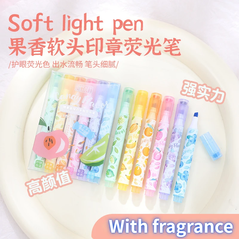 6pcs Kawaii Fragrance Highlighter Fruit Shape Stamp Marker Pens Art Graffiti Drawing Markers Stationery School Office Supplies