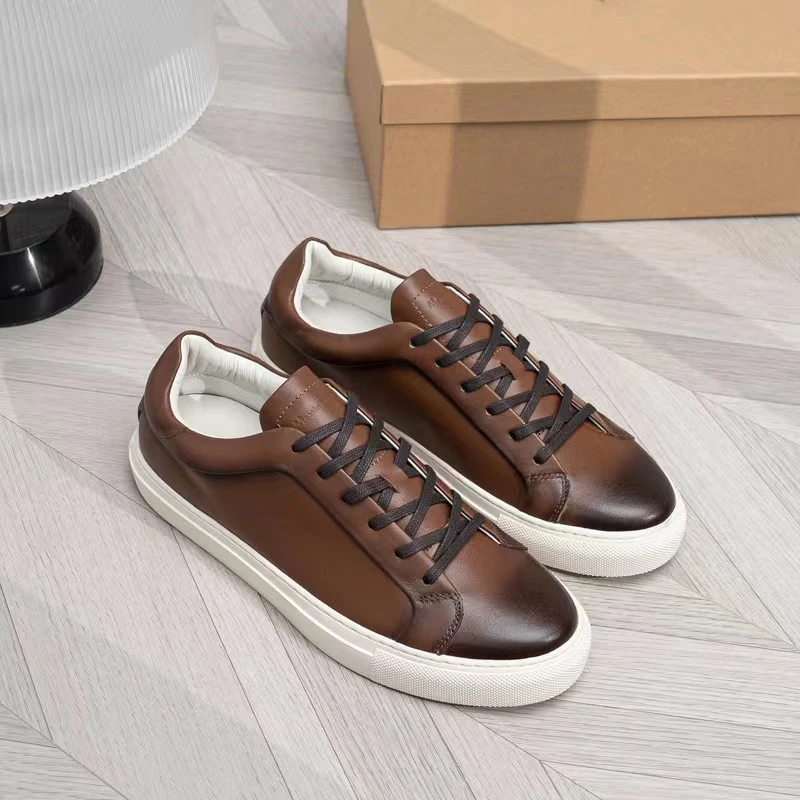 Mrxmus 2023 New Summer Flat Lace Up Casual Shoes Brown Leather Soft Surface Men Casual Sports Shoes Simple All-match Basic Shoes