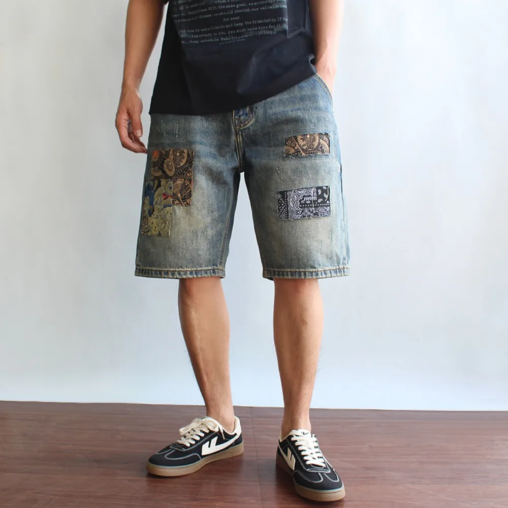 Retro ripped patch patch used for old washing summer heavy straight loose casual denim trousers men