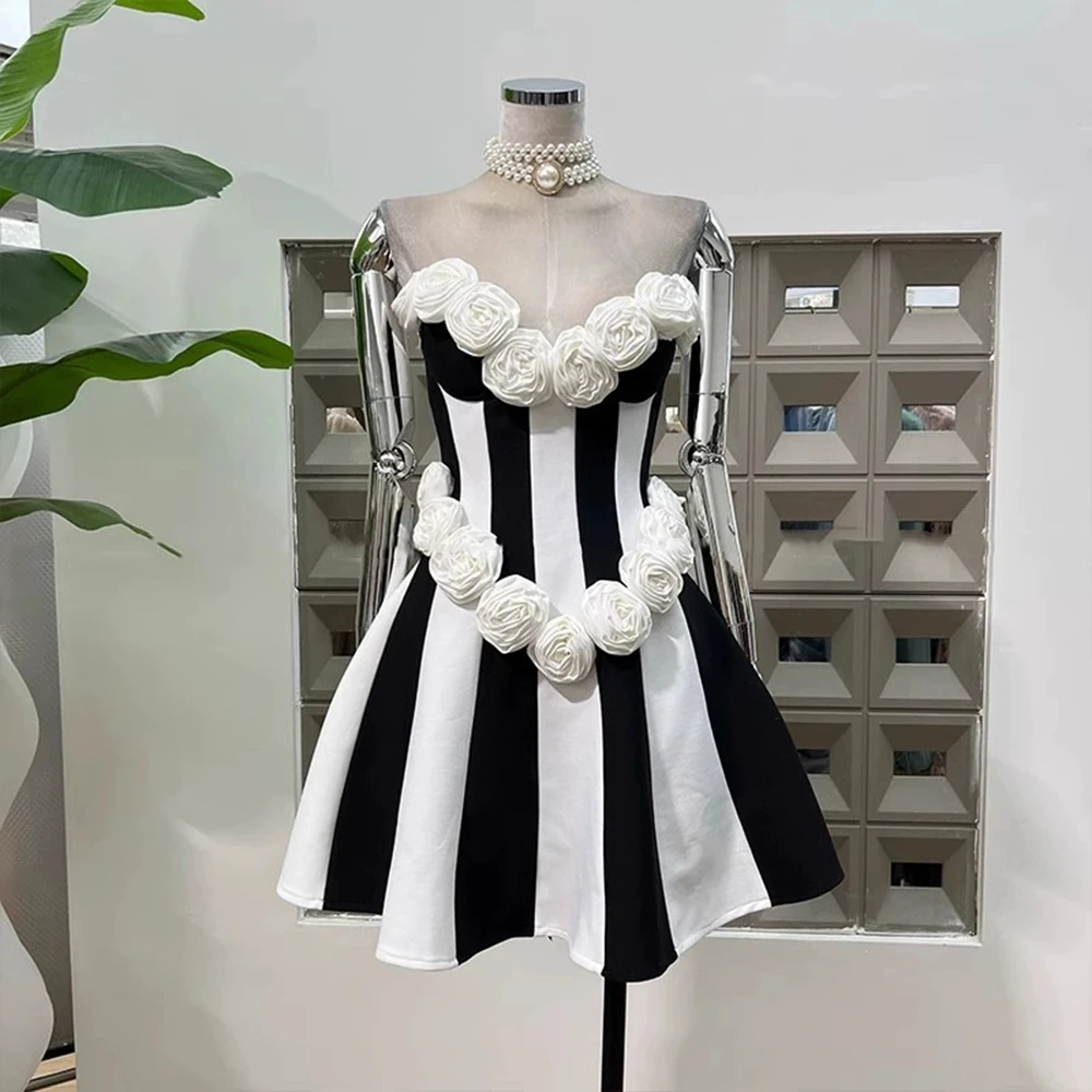 

Handmade flower bandage elastic tube top black and white contrast dress cocktail party high-end retro feel-GZXX039