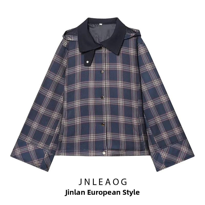 

JNLEAOG Новая осенняя женская куртка в клетку с капюшоном из хлопка и полиэстера, с длинными рукавами, на пуговицах, приталенного кроя