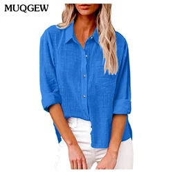 Elegant Cotton Linen Shirts Women Casual Solid Button Lapel Blouses Shirts Summer Autumn Long Sleeve Loose Tops Tunic Blusas