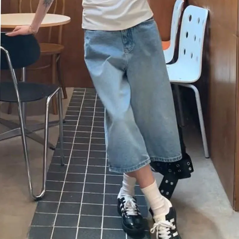 Light Wash Loose Wide Leg Cropped Denim Culottes Women Mid Waist Straight Capri Jeans Casual Seven-Point Denim Pants