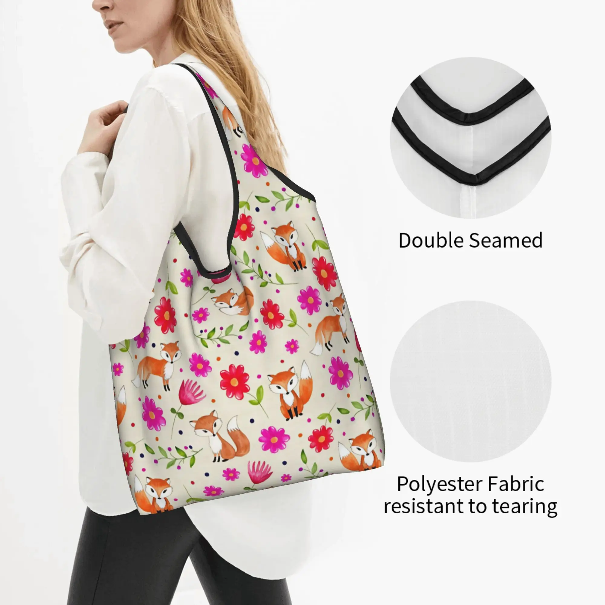 Custom Cute Fox Flowers Shopping Bag Women Portable Big Capacity Grocery Animal Tote Shopper Bags