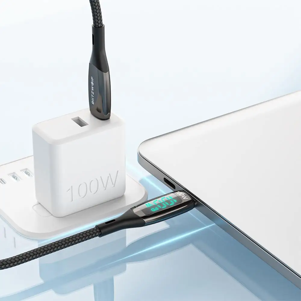 BlitzWolf 100 واط 5A USB C Type-C إلى Type-C تاريخ كابل LED عرض PD3.0 PPS QC4.0 + QC3.0 شحن سريع نقل البيانات خط الحبل