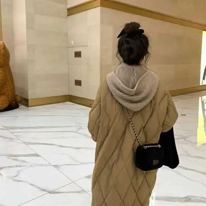 2022 Winter Women Korean Temperament Commute Knitted Hooded Down Jacket Japanese College Style Sweet Long White Duck Down Jacket