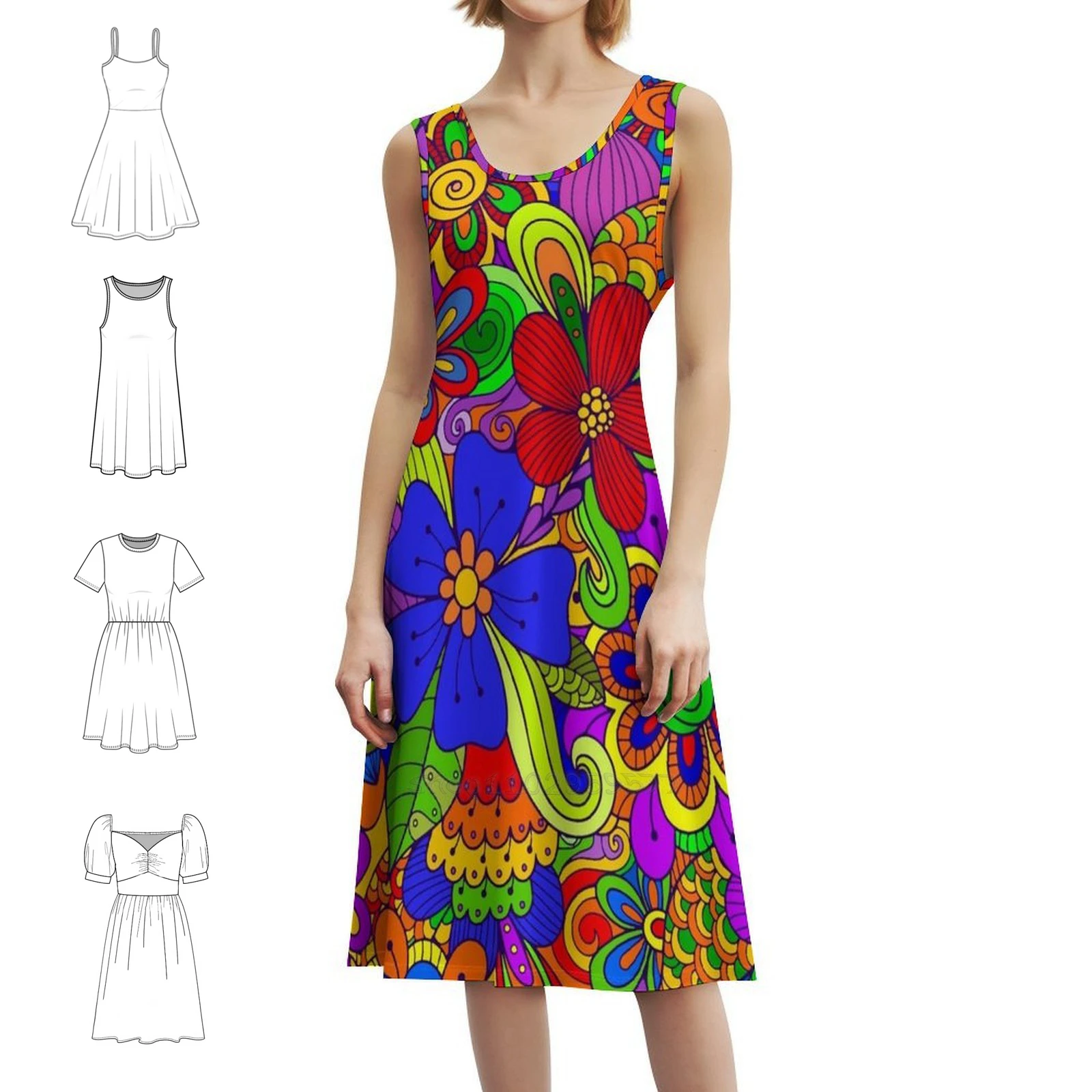 فستان بوهو أنيق بتصميم جرافيكي ملون على شكل زهرة جميلة، فستان أنيق لحفلات الزفاف على الشاطئ، زهور قوس قزح ريترو #1