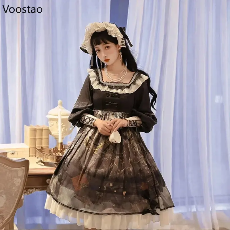 Japanse gothic lolita prinsessenjurk vrouwen vintage victorian dark forest party jurken meisjes harajuku elegante jurk met lange mouwen