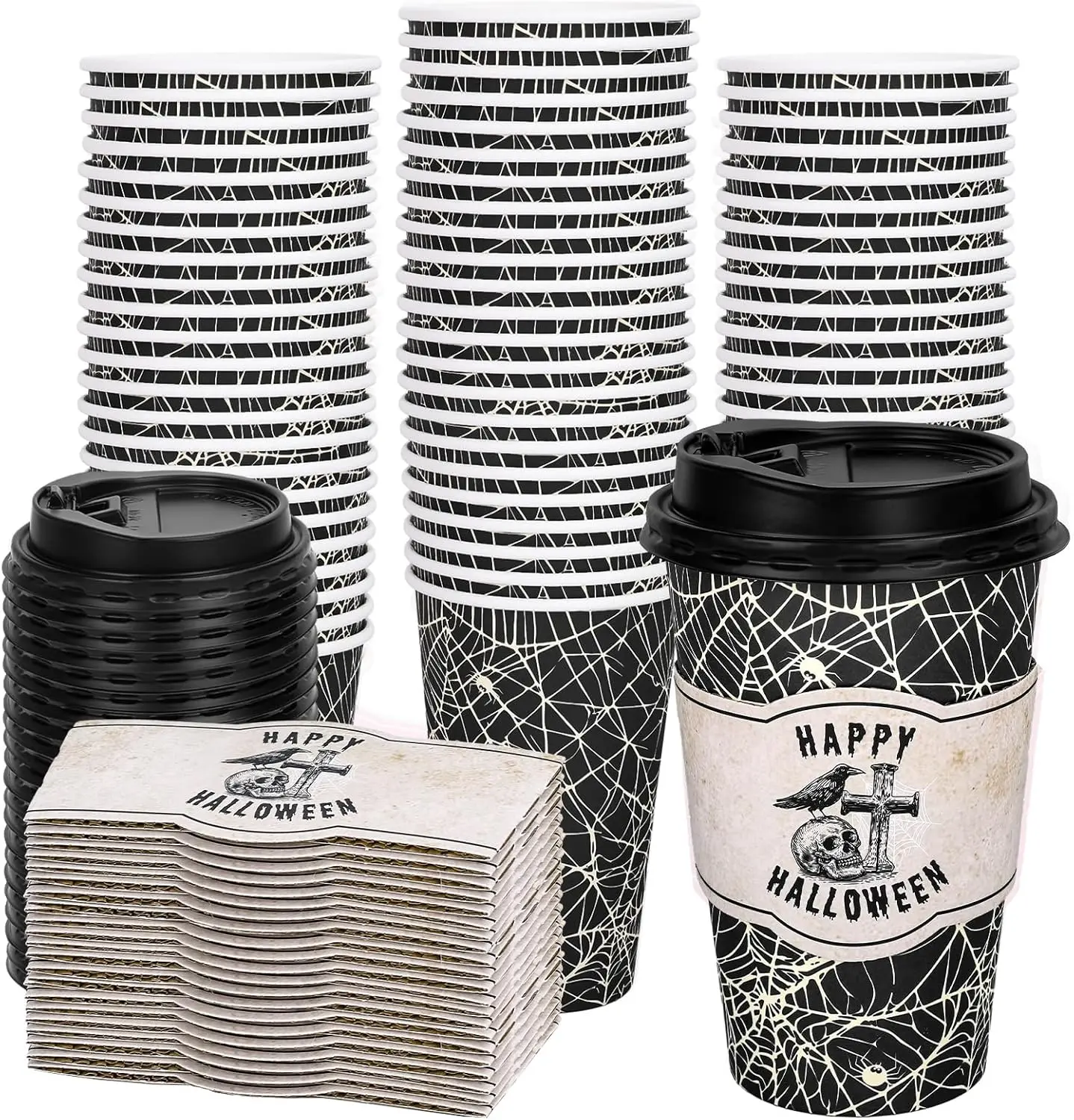 

50Pcs 16Oz Halloween Disposable Coffee Cup with Lids and Sleeves Vintage Black Spider Web Skull Paper Drinking Cup for T