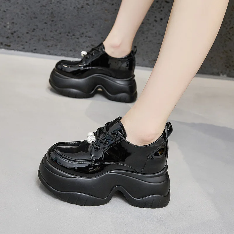CICIYANG Chunky Platform Loafers Women 2024 Autumn New High Heels Lace-up Patent Leather Women's Shoes Dress Shoes for Ladies