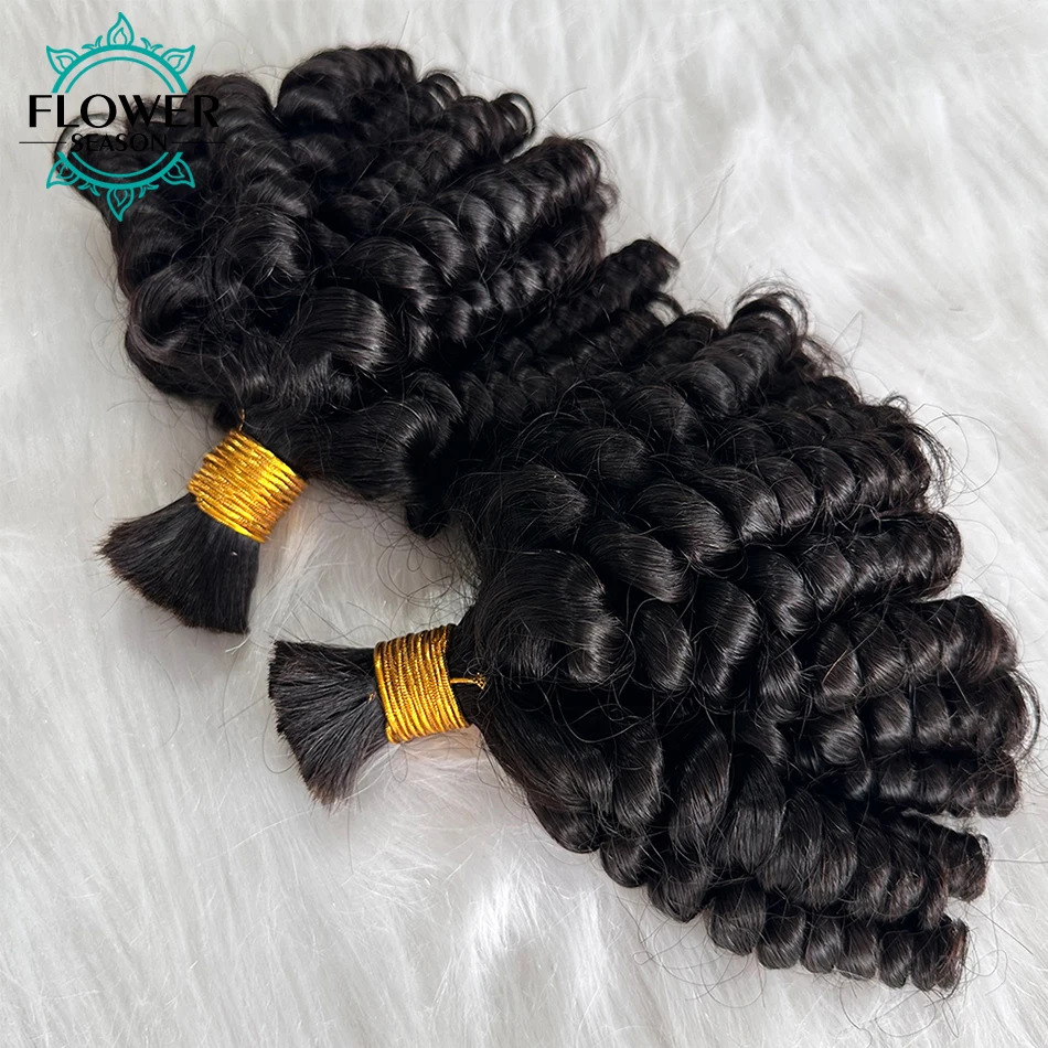 Funmi Curly Human Hair Bulk for Braiding Bouncy Curly Human Hair Bundles No Weft Double Drawn Bulk Hair for Boho Braids 3pcs