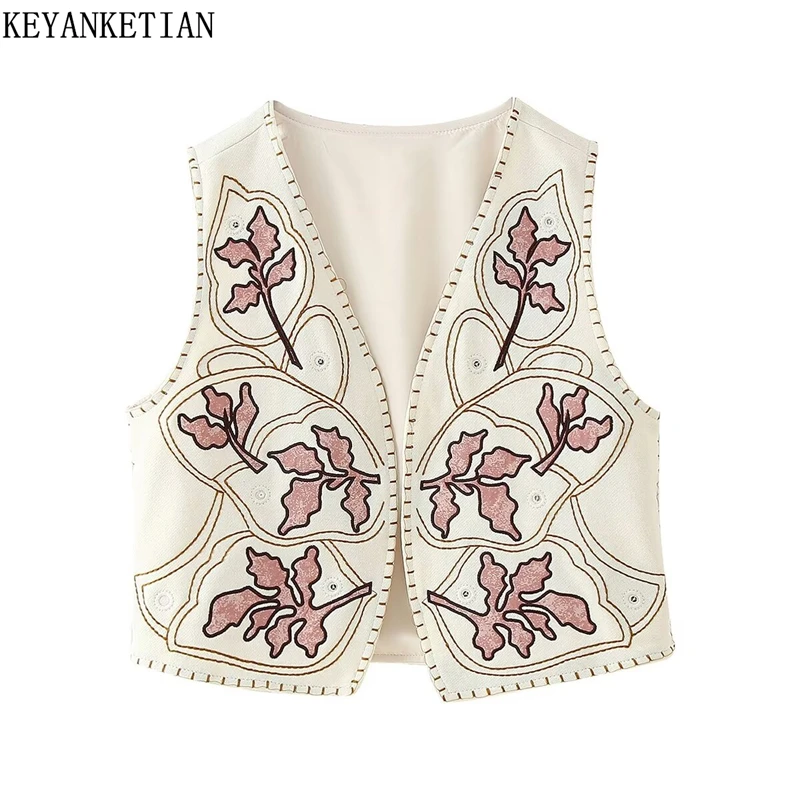 

KEYANKETIAN 2024 Autumn New Women's Flower Embroidery Waistcoat Short Vest Holiday wind Thin Sleeveless Crop Top Retro Outerwear