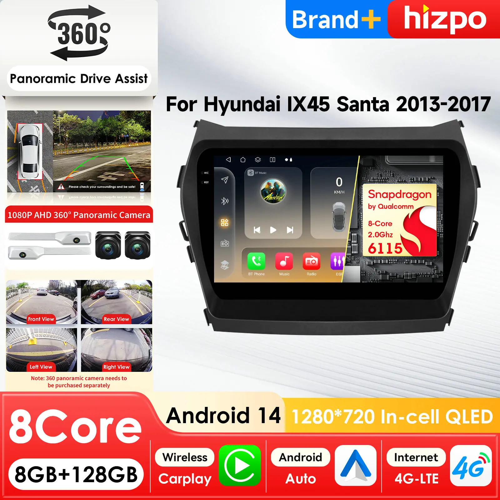 

Автомобильный мультимедийный плеер Hizpo Stereo AI с интеллектуальным экраном Android для Hyundai Santa Fe 3 2013-2017 IX45, GPS, Carplay, 4G, головное устройство