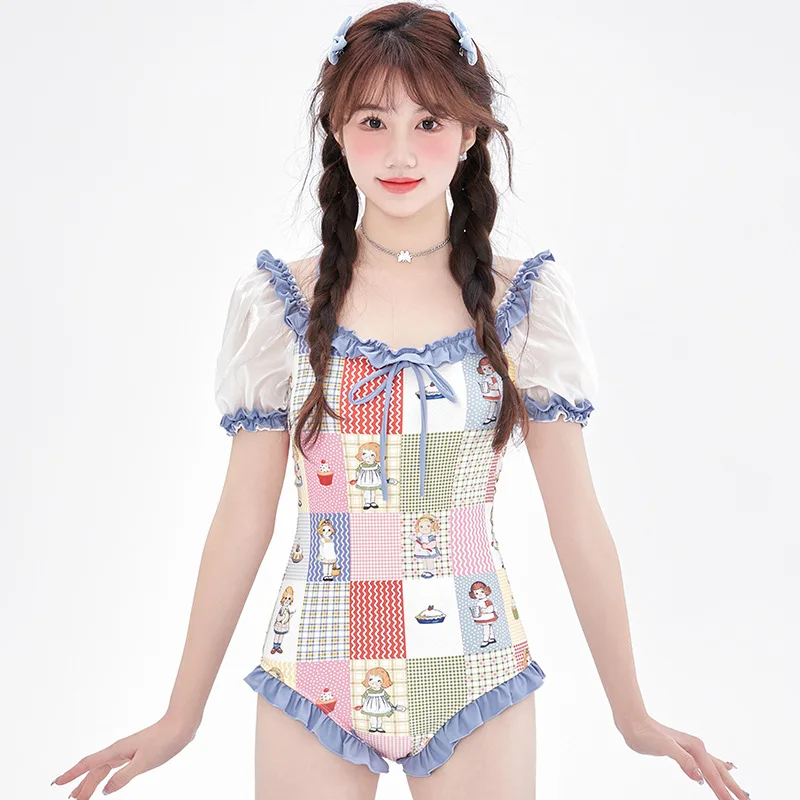 wisuwore Korean Swimming Suit for Women One Piece Fashion Little Fresh Swimsuit Triangle Cartoon Printed Student Beach Swimwear