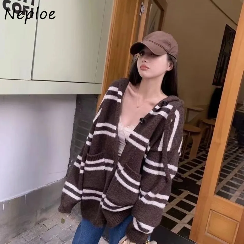 

Neploe толстовка с капюшоном в полоску, джемпер, корейский шикарный ленивый вязаный кардиган, свободный универсальный модный модный уличный новый Pull Femme