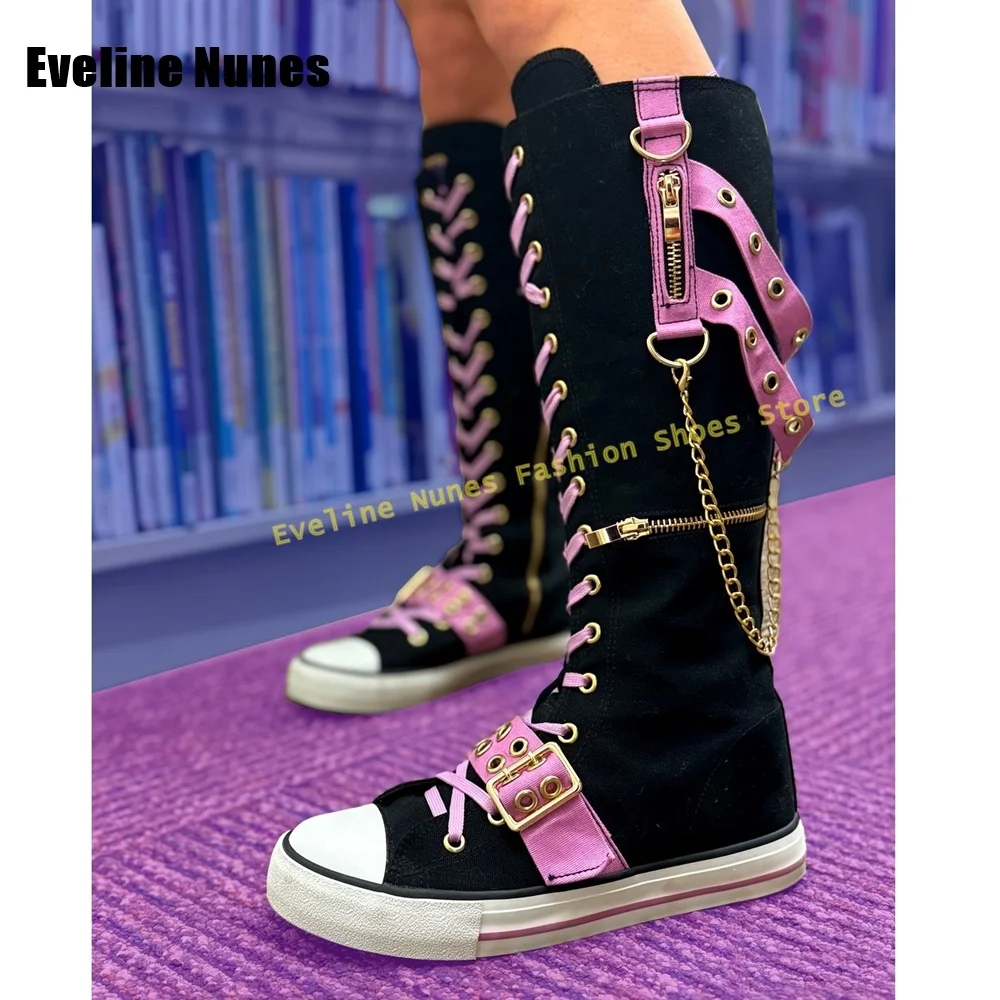 Green Canvas Lace-Up Chain Fashion Boots Round Toe Flat with Belt Buckle Zip Pocket Decoration Knee High Boots 2025 Spring Shoes