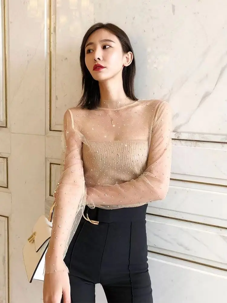 透明レースメッシュトップファッショナブルな透明インナースパンコールスプライシングベースシャツ女性用