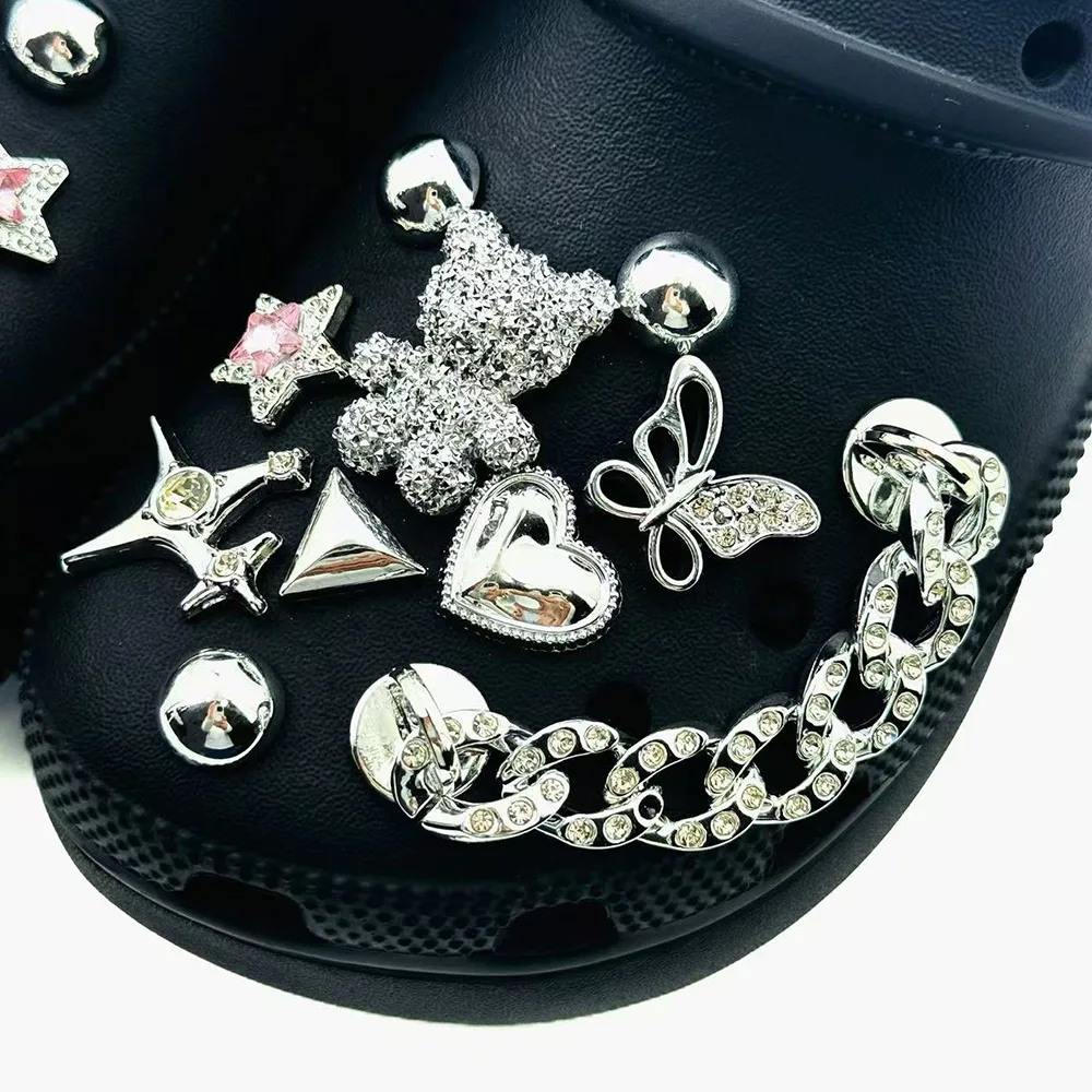 

20 шт., комплект подвесок для обуви, серебристый медведь, пентаграмма, бриллиантовая цепочка, украшения для обуви, пряжка для сандалий, сабо, аксессуары «сделай сам», подарок
