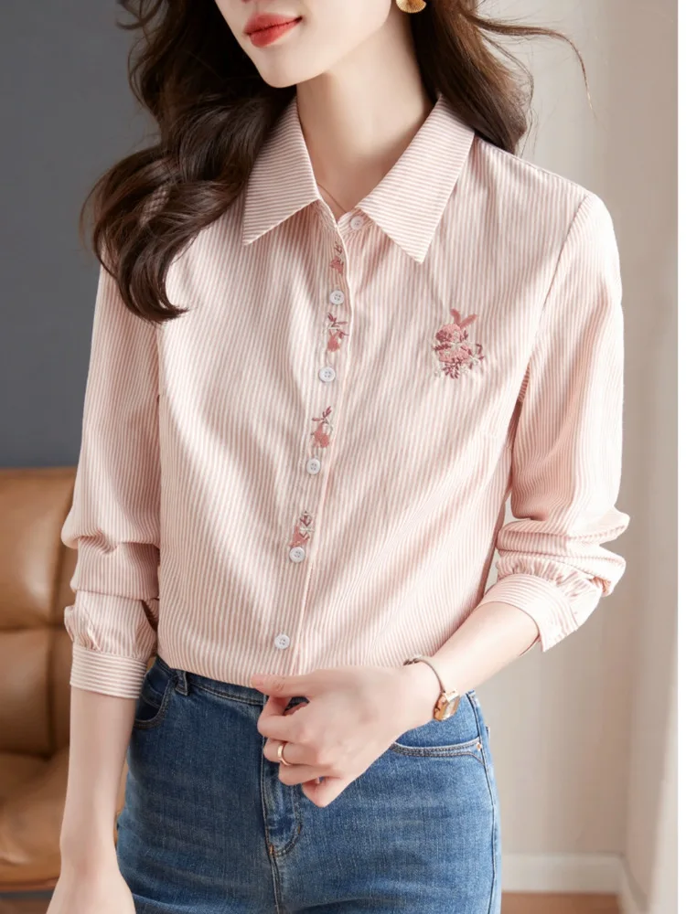 #3251 Pink Striped Shirts Slim Fit Cotton Embroidery Vintage Shirts Female Long Sleeve Single Breasted Womens Tops And Blouses