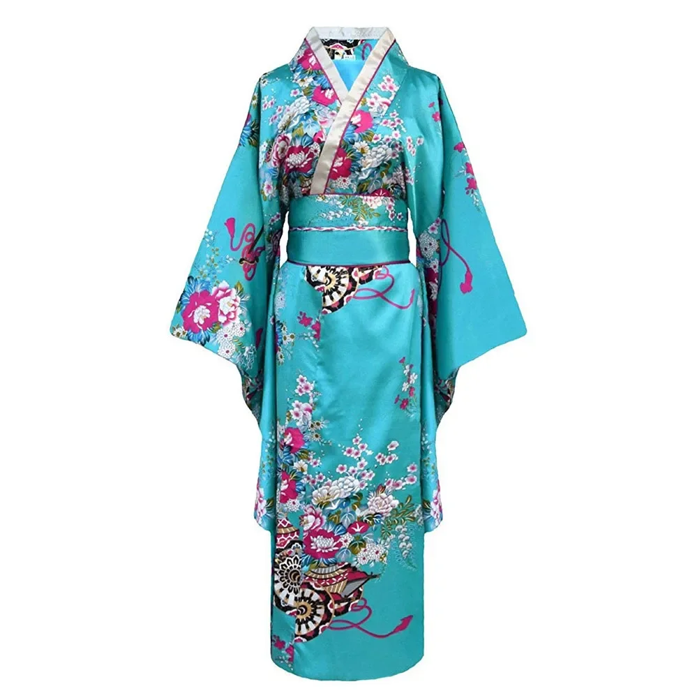 

Onesize Female Japanese Kimono Bathrobe Gown V-neck Satin Evening Party Prom Gown Vintage Cosplay Costume Full Sleeve Gown