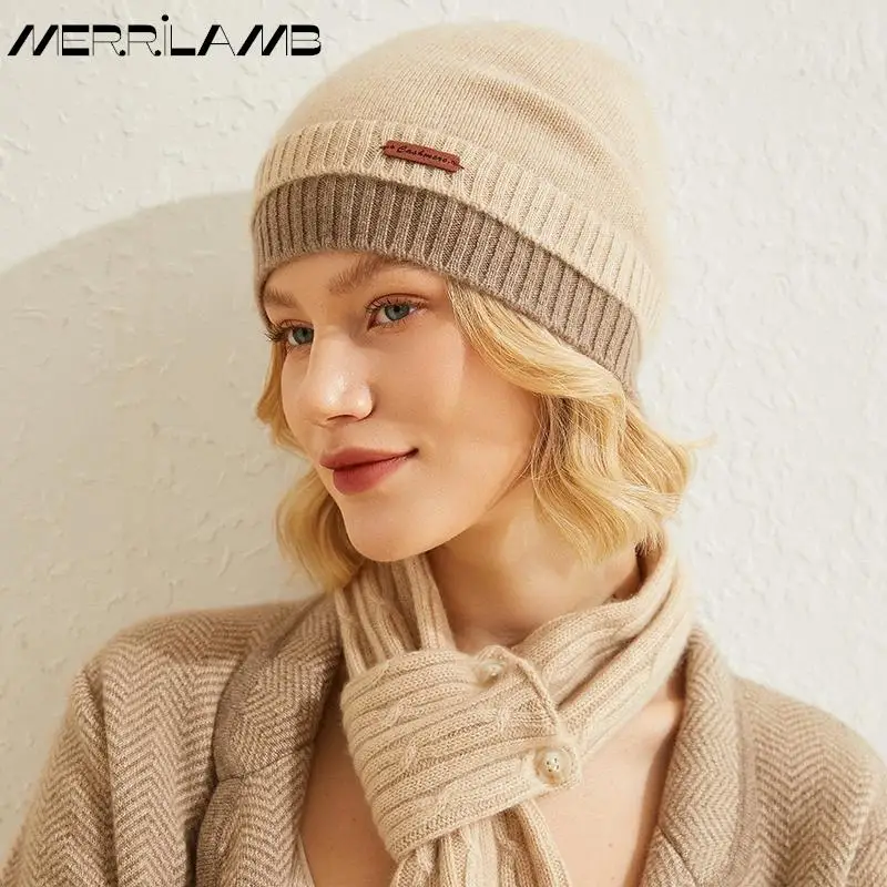 MERRILAMB 100% Cashmere Hat Women Winter Thickened Warm Earmuffs Hood Caps Pile Caps Female Knitted Hats