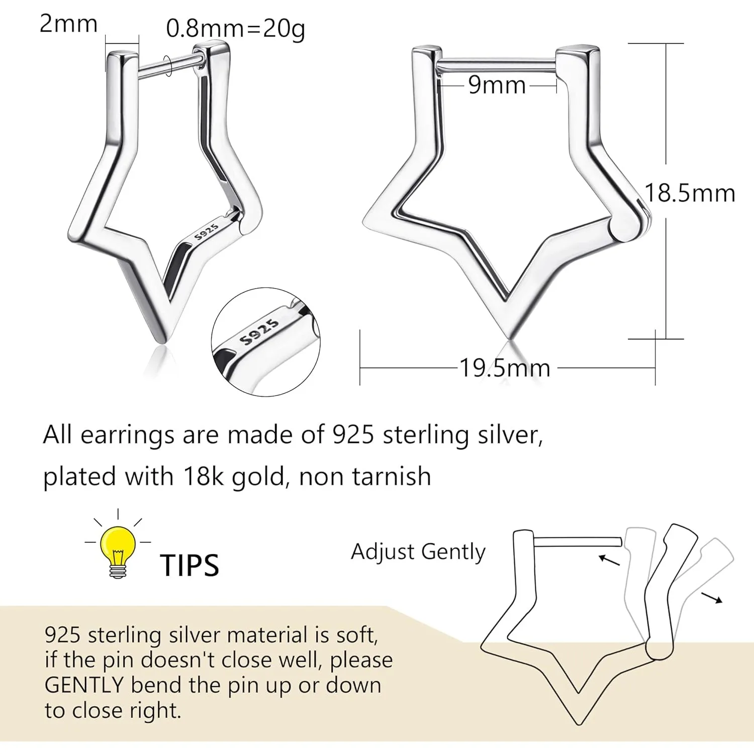 925 Sterling Silver Earrings for Women Small Hoop Earrings Hypoallergenic Triangle Rectangle Heart Star Oval Earrings Jewelry