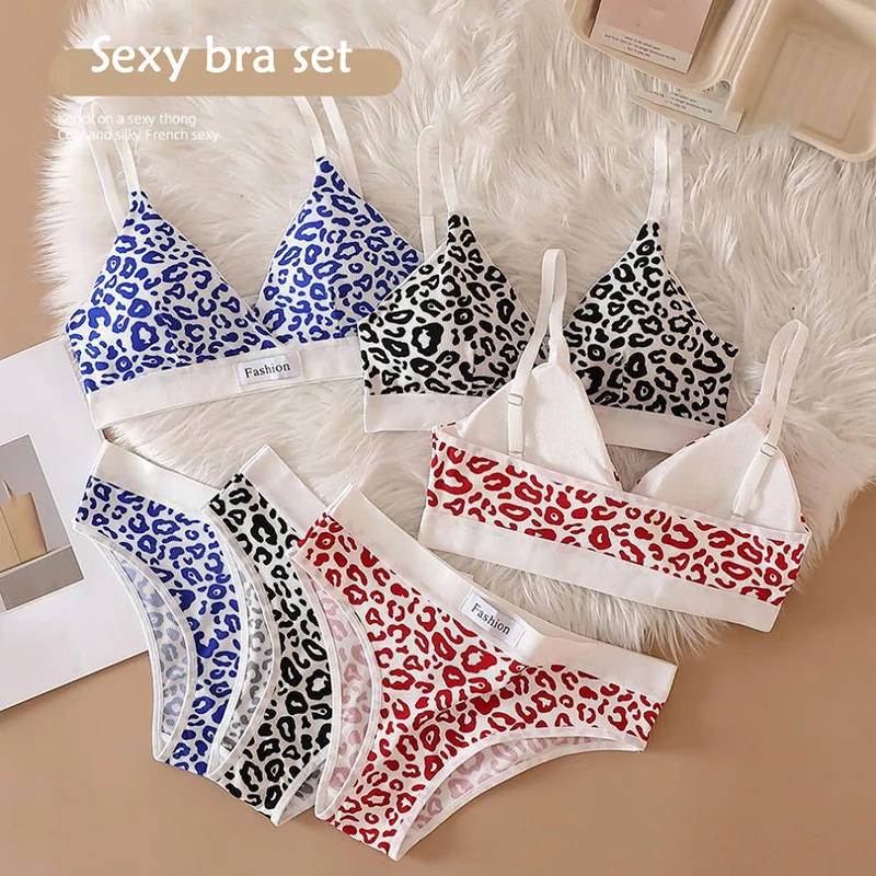 Women Seamless Bra Set Low Waist Panties Leopard Bralette Sexy Lingerie Set Vneck Sport Brassiere Female Cotton Underwear Set