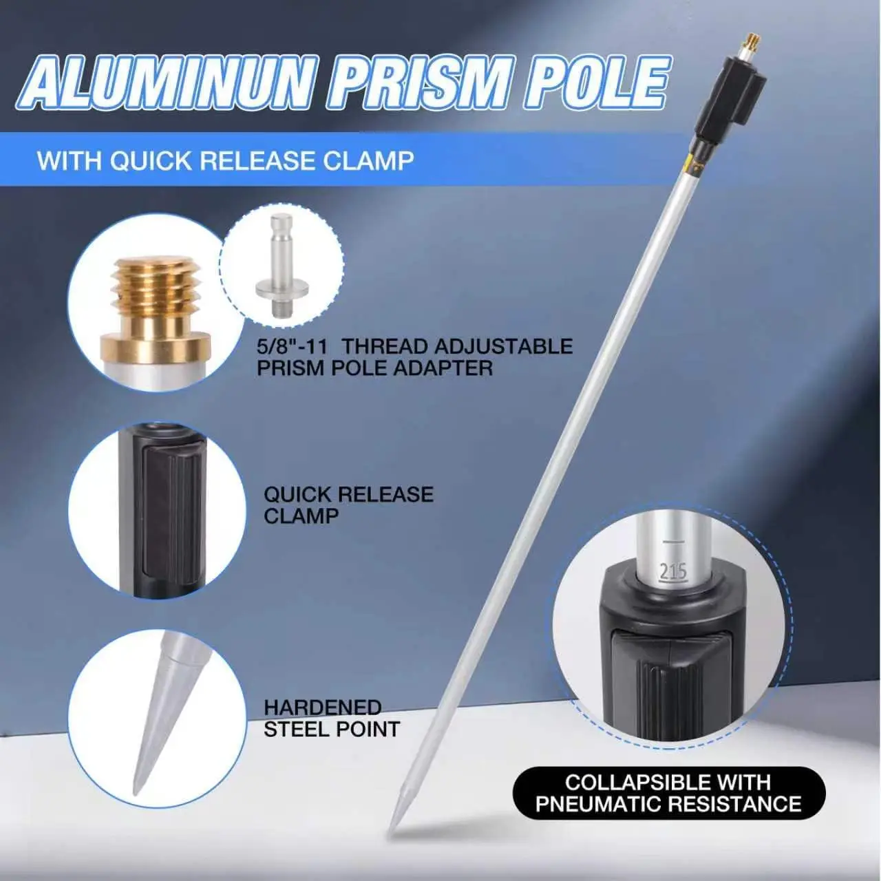 Surverying Prism Pole, Telescopic Aluminum Rod With Quick Lock. With Swiss-Style， 2.15m (7 Ft) Prism Pole For Total Stations