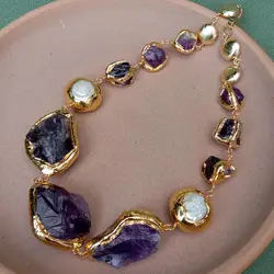 YYGEM  32x45mm Natural Purple Stone Amethyst Rough Raw White Pearl Handmade Necklace
