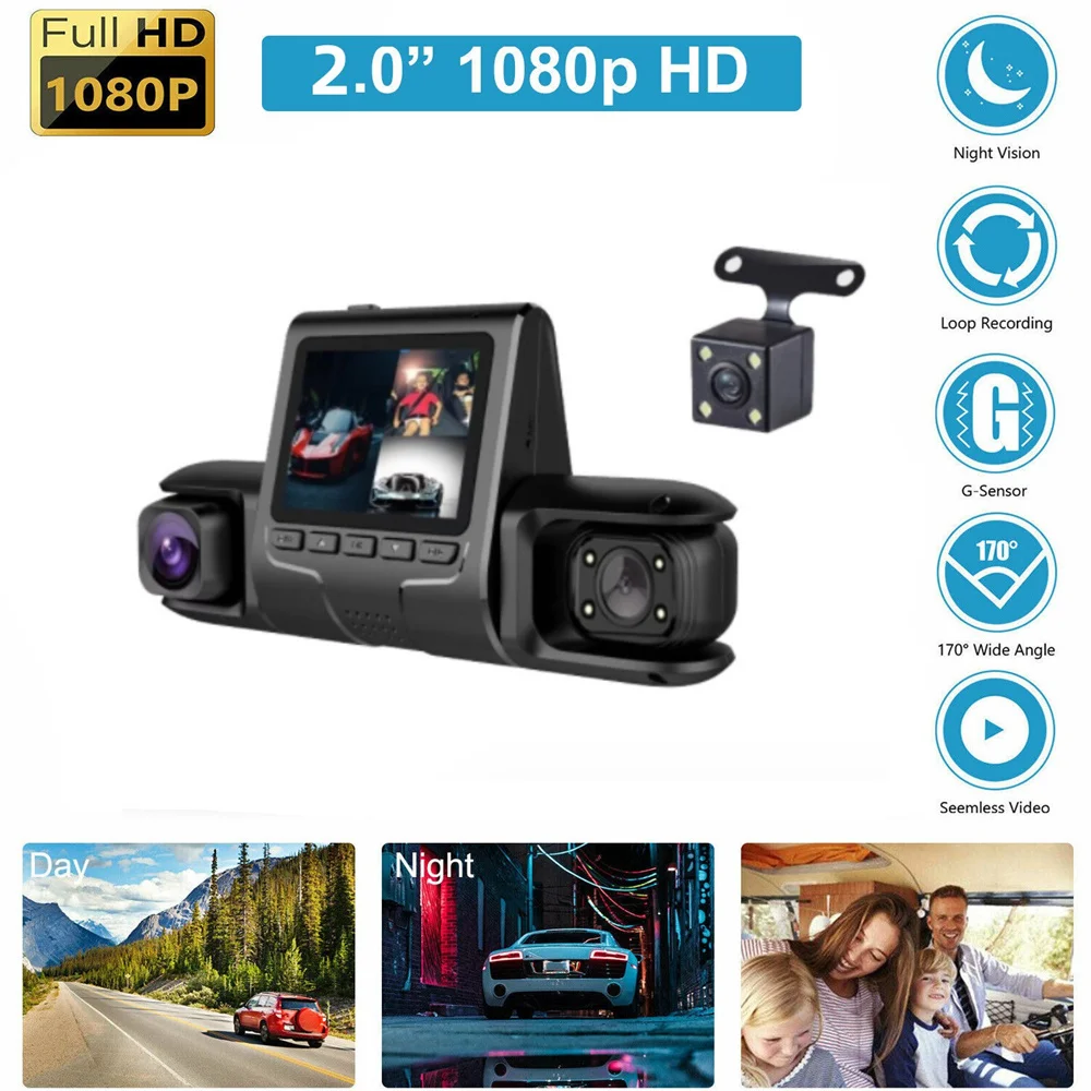 

3 Lens Vehicle Driving Recorder Parking Monitor Car DVR Loop Recording HD 1080P Auto Video Camera Front Rear Camera Night Vision