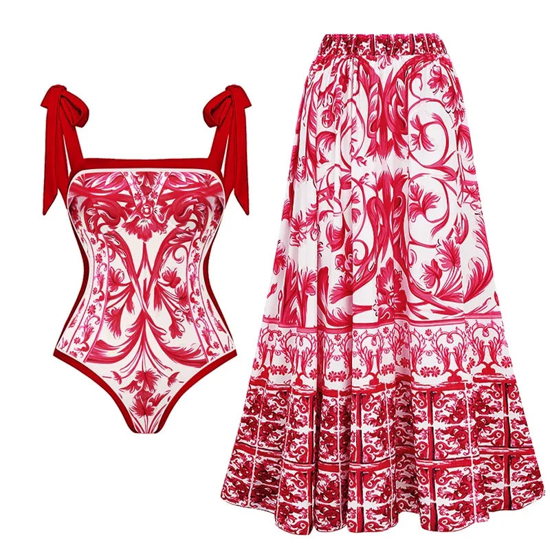 

2023 Reversible Tie-shoulder Baroco Style Printed One Piece Swimsuit and Skirt Swimwear Set Women Beachwear Luxury Bathing Suit