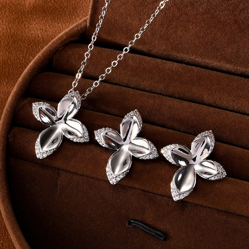 ZAKOL Luxury Copper Metal Micro-inlaid Zircon Four-leaf Flower Earring Women Wedding Party Earring/Necklace Jewelry Set