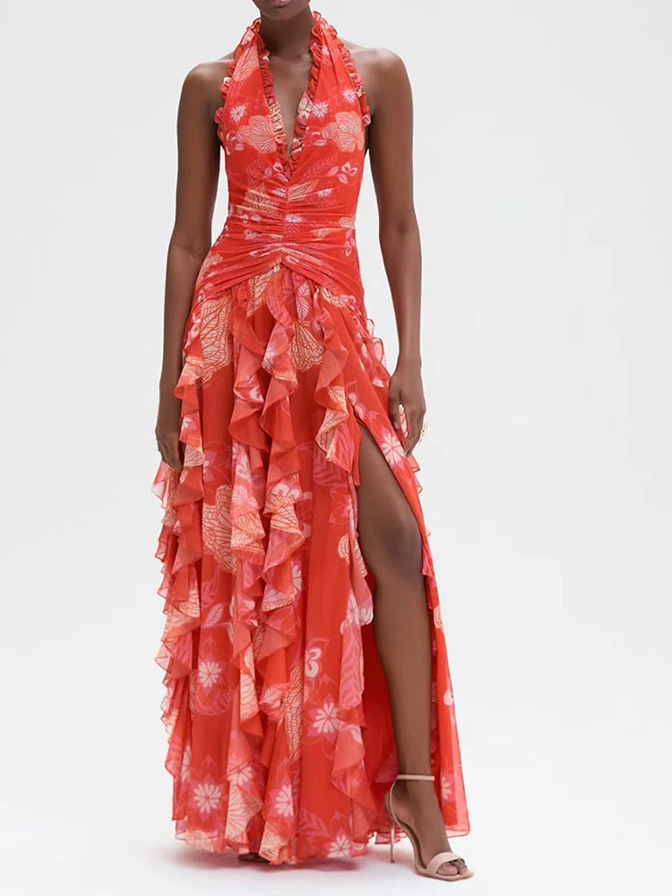 

Модное сексуальное висящее платье с v-образным вырезом и полой плиссированной талией для похудения, летнее женское новое нерегулярное платье с открытой спиной и цветочным принтом в виде листьев лотоса