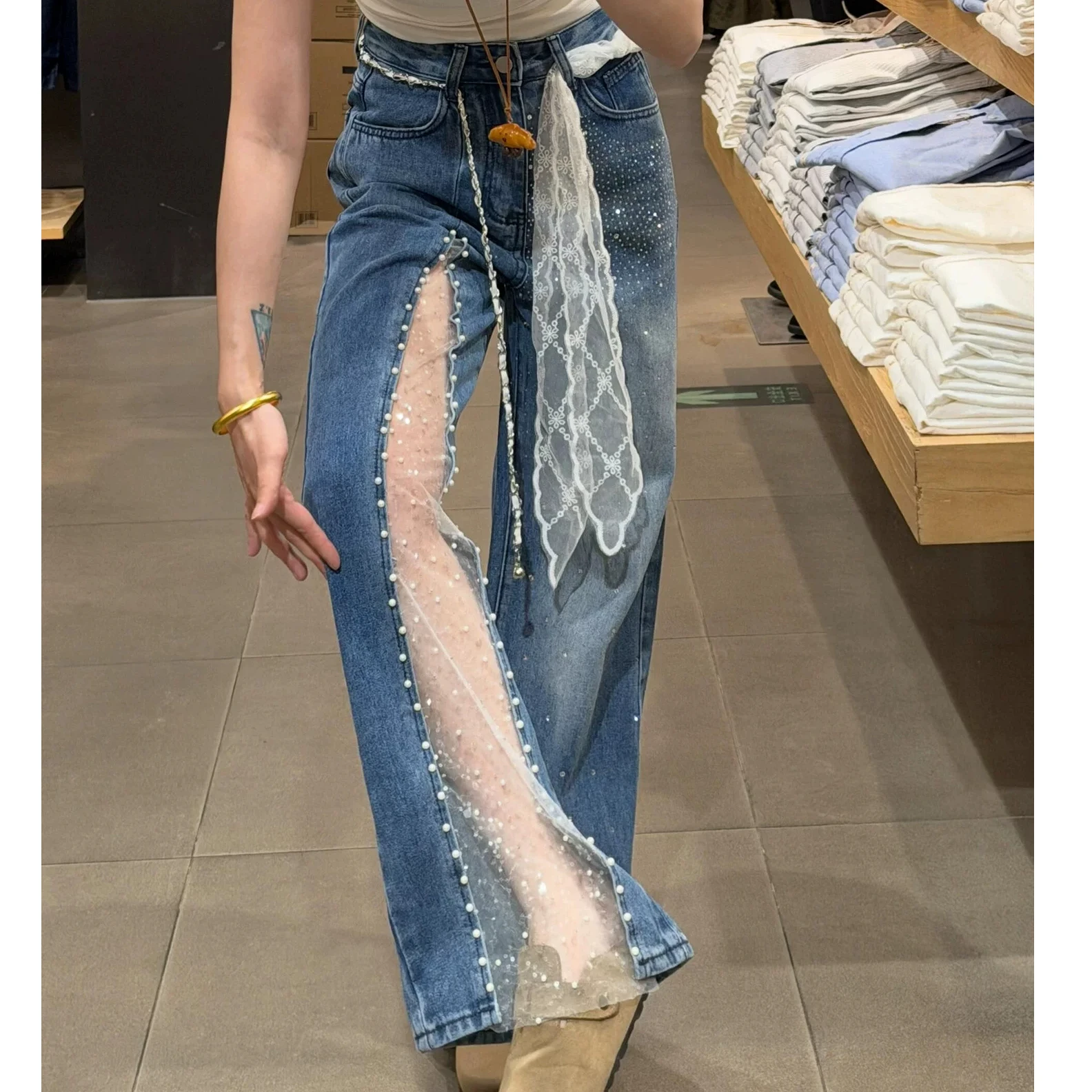Women Jeans Pants Baggy Jeans Flare Trousers Lace Applique Crystal Wide Leg Jeans Pearl Slit Distressed Design Denim Pants