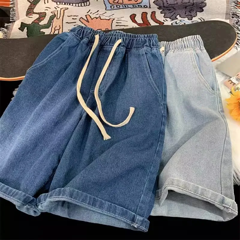 เอวสูงสีดํา Retro ล้างกางเกงยีนส์กางเกงขาสั้นผู้หญิง Harajuku Vintage แฟชั่น Casual หลวม Y2K Streetwear กลางยาวกางเกงขากว้าง