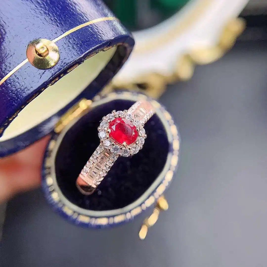 New natural Myanmar ruby ring with ancient process of matte texture 925 silver set with red gems 4x5mm for women