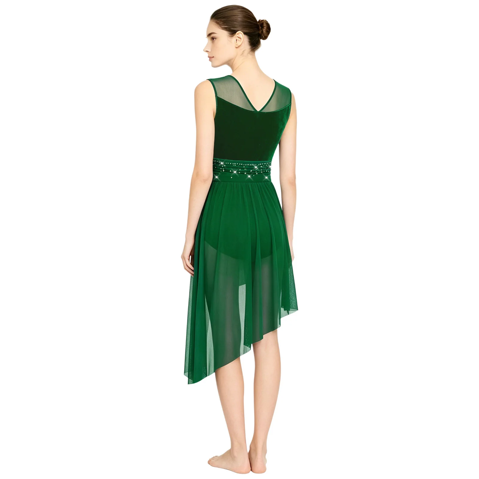 

Women Lyrical Dance Bodysuit Dress V Neck Sleeveless Irregular Hem Buttoned Crotch Rhinestone Velvet and Mesh Dress Dancewear