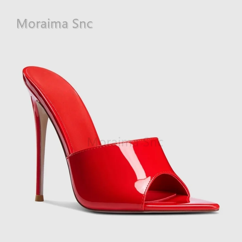 Ciabatte in pelle verniciata Pantofole Donna Tacchi alti Scarpe estive a punta Scarpe da festa con diapositive a spillo sexy poco profonde
