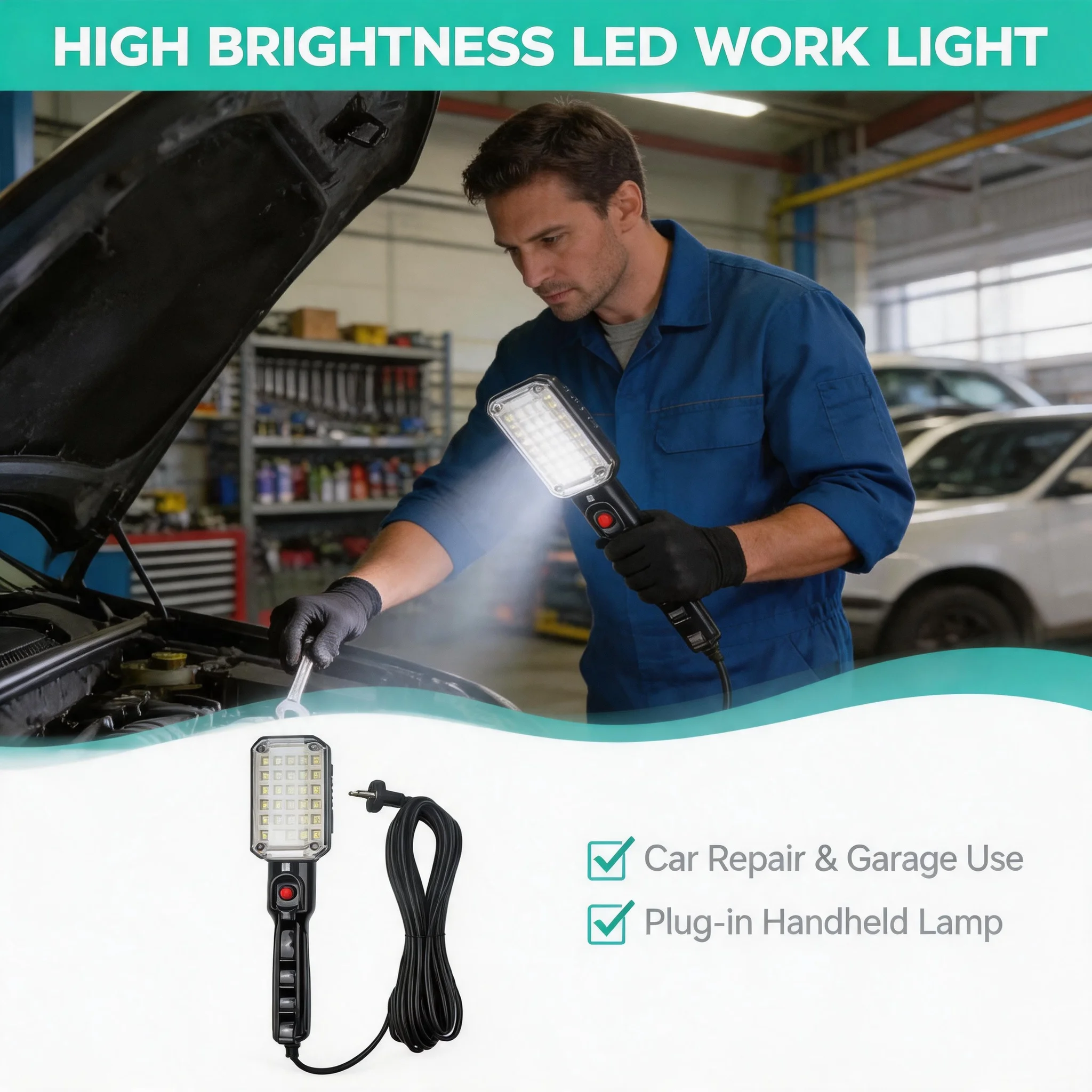 Plug-in Corded Handheld LED Work Light Magnetic Base Auto Repair Lamp for Garage Mechanic Car Maintenance Workshop Use