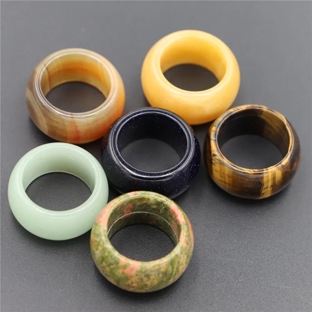 Natural Stone Smooth Finger Ring Topaz Green Aventurine Tiger Eye Jewelry Wedding For Women Men Wholesale Bands Party 15MM 20#