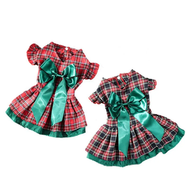 New Christmas Cute Pet Dog Clothes, Christmas Classic Plaid Skirt, Puppy Holiday Clothing, Lotus Leaf Sleeves