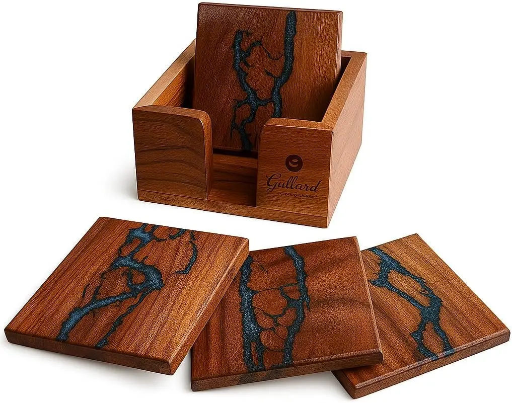 

Elegant Epoxy Resin and Wood Coaster Set for Table Protection and Home Decor, Fractal Blue Design